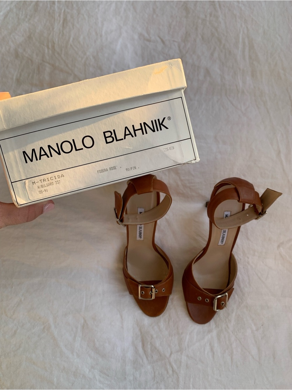 NWT Vintage Manolo Blahnik Leather Buckle Peep Toe Ankle Strap Heels Brown Tan - Picture 10 of 11